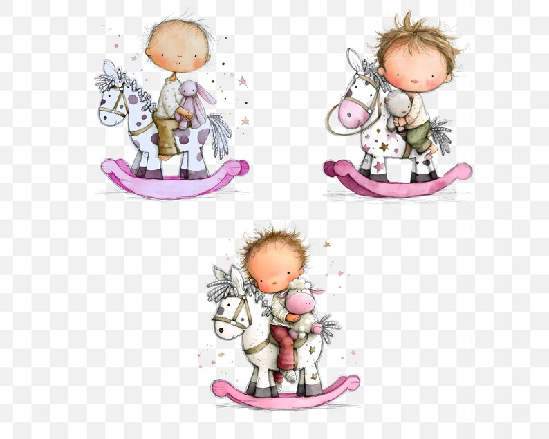 May include: Watercolor illustrations of children riding rocking horses. Each child is depicted with a stuffed animal. The rocking horses are white with pink accents and sit on pink rockers. The children are wearing neutral-toned clothing.