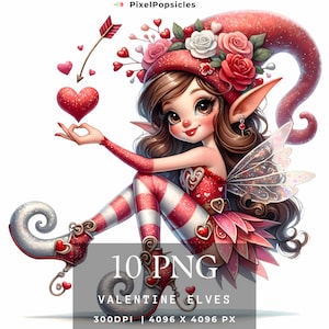 Valentine Elves Watercolor Clipart, 10 High Quality PNGs, Memory Book, Junk Journals, Scrapbooks, Digital Planners, Commercial Use,