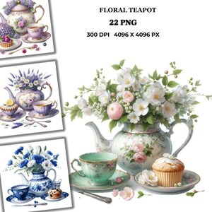 22 Vintage Floral Teapot Png, set di Clipart floreali, Clipart acquerello, PNG di alta qualità, download digitale, artigianato di carta, diari spazzatura