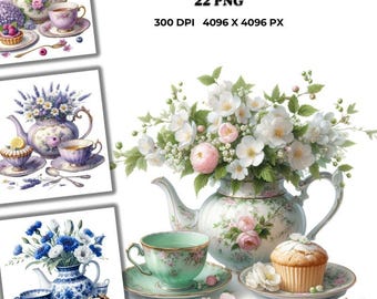 Vintage Floral Teapot PNG Clipart Set: Watercolor Illustrations (Digital Download)