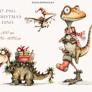 May include: Watercolor illustration featuring three cartoon dinosaurs in festive Christmas attire. One dinosaur wears a Santa hat and carries gifts, another has a scarf and a stocking, and the third is adorned with garland and presents. The image includes the text "17 PNG CHRISTMAS DINO".