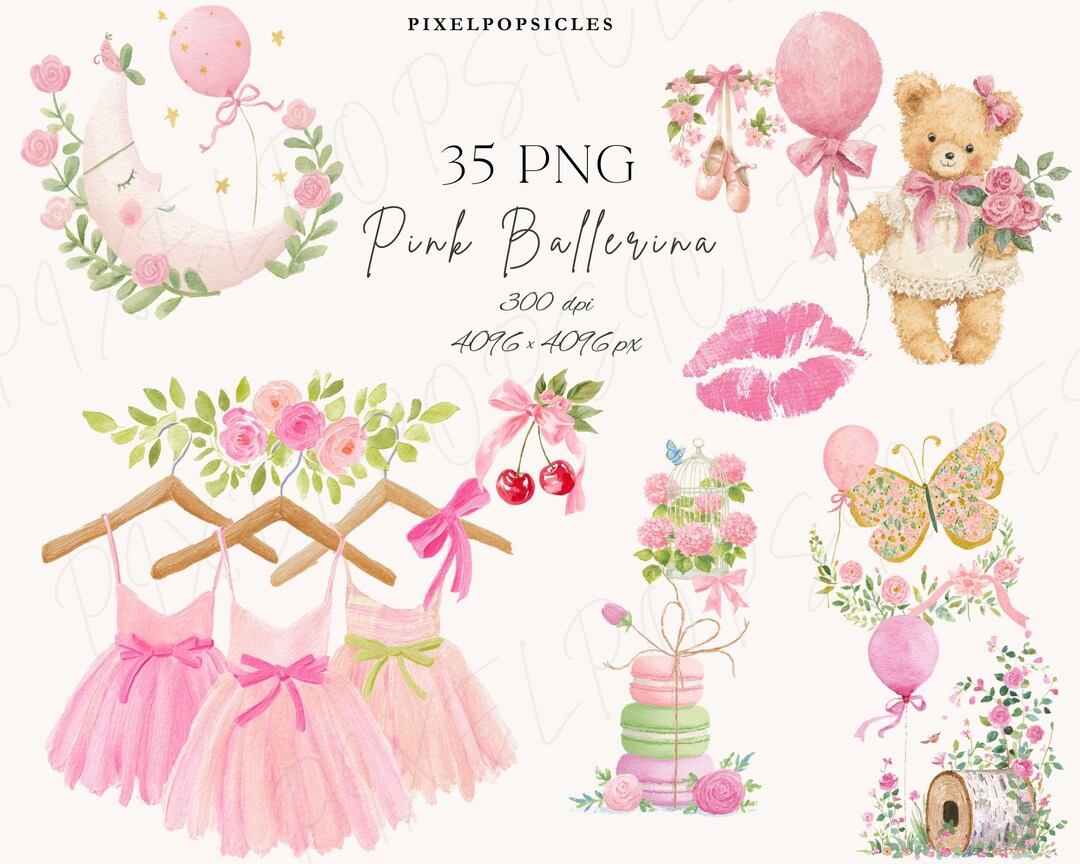Pink Ballerina Watercolor Clipart Set | 35 PNG | Ballet Dresses, Teddy ...