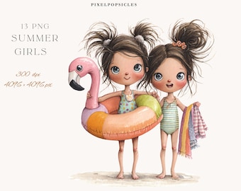 Zomermeisjes clipart png aquarel strand kinderen (digitale download)