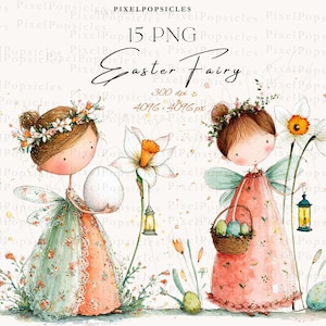 Może przedstawiać: Akwarelowa ilustracja przedstawiająca dwie wielkanocne wróżki z kwiatowymi koronami i skrzydłami. Jedna wróżka trzyma jajko, druga koszyk z jajkami. Obraz zawiera żonkile, latarnie i tekst "Easter Fairy".