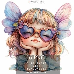 16 Süße Fee mit Sonnenbrille Transparente Clipart, Fee Clip Art Set | Fee für Sublimation | Feen PNG Bündel, sofortiger Download