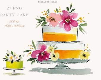Puede incluir: Ilustración en acuarela de una tarta de fiesta de dos niveles con capas naranjas y blancas, adornada con flores rosas y amarillas y hojas verdes. También hay una tarta más pequeña con glaseado amarillo y flores blancas. El texto "27 PNG PARTY CAKE".