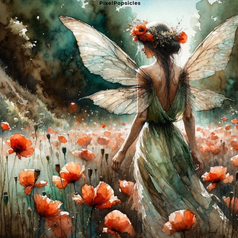 May include: A watercolor painting of a fairy with delicate wings and a flowing green dress. She is standing in a field of red poppies, with a crown of flowers on her head. The painting is titled "PixelPopsicles".