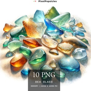 10 Sea Glass Clipart, Sea Glass Clipart, Printable Watercolor clipart, High Quality PNG, Digital download, Paper craft, junk journal