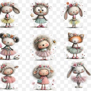 May include: Nine adorable cartoon animal characters, including a bunny, owl, mouse, hedgehog, fox, and sheep, are depicted. Each character wears a floral crown and a tutu-style dress. Some hold items like a popsicle or a daisy. The overall style is whimsical and cute.