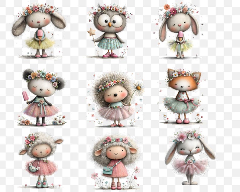 May include: Nine adorable cartoon animal characters, including a bunny, owl, mouse, hedgehog, fox, and sheep, are depicted. Each character wears a floral crown and a tutu-style dress. Some hold items like a popsicle or a daisy. The overall style is whimsical and cute.