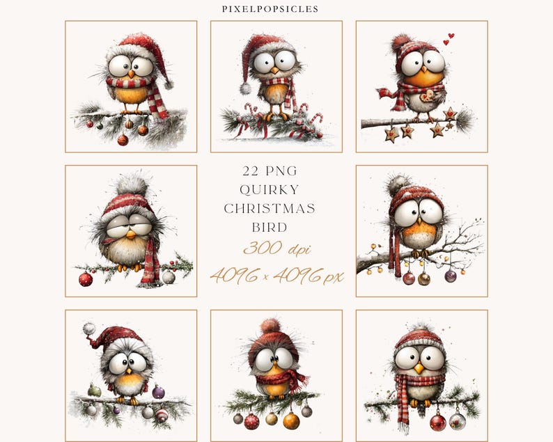 May include: A collection of whimsical watercolor illustrations of quirky Christmas birds. Each bird is perched on a branch, wearing a festive hat and scarf, and surrounded by ornaments. The text "PIXELPOPSICLES" and "22 PNG QUIRKY CHRISTMAS BIRD" are also visible.