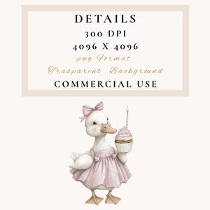 May include: A watercolour illustration of a white duck wearing a pink dress with white polka dots and a matching bow. The duck is holding a cupcake with a lit candle. The image includes the text "DETAILS" and other descriptive text.