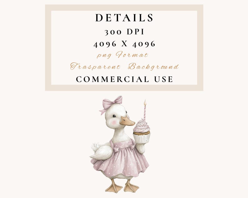 May include: A watercolour illustration of a white duck wearing a pink dress with white polka dots and a matching bow. The duck is holding a cupcake with a lit candle. The image includes the text "DETAILS" and other descriptive text.
