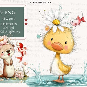 Könnte beinhalten: Aquarell-Illustration mit einer gelben Ente mit Gänseblümchen-Krone und einem roten Fisch. Ein Otter mit Blumenkrone und ein Koi-Fisch sind ebenfalls abgebildet. Der Text "19 PNG Sweet animals 300 dpi 4096 x 4096 px" ist enthalten.