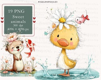 Puede incluir: Ilustración en acuarela de un pato amarillo con una corona de margaritas y un pez rojo. También se muestra una nutria con una corona de flores y una carpa koi. La imagen incluye el texto "19 PNG Sweet animals 300 dpi 4096 x 4096 px".