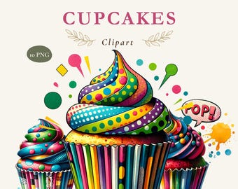 Pop Art Cupcake Clipart, 10 Colorful Dessert PNGs