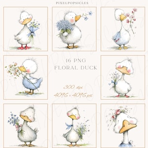 May include: A collection of watercolor illustrations featuring adorable white ducks holding bouquets of flowers. Each duck has a yellow beak and is adorned with a blue bow or a floral crown. The text "16 PNG Floral Duck" is visible.