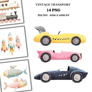 Clipart di trasporto d'epoca - Illustrazioni di auto retrò, biciclette e aeroplani per biglietti, inviti, arte murale, progetti digitali di artigianato