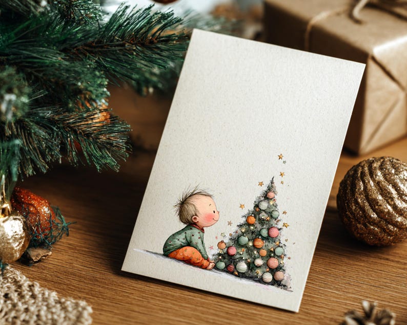 Puede incluir: Una tarjeta de Navidad con una ilustraci&oacute;n en acuarela de un beb&eacute; con ropa verde y naranja, mirando un &aacute;rbol de Navidad decorado. La tarjeta est&aacute; sobre una superficie de madera con adornos navide&ntilde;os.