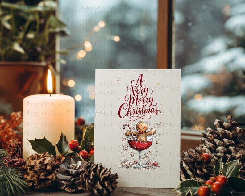 Peut inclure: Une carte de v&oelig;ux rectangulaire avec le texte A Very Merry Christmas en &eacute;criture rouge. Sous le texte se trouve une illustration d'un bonhomme en pain d'&eacute;pices assis dans un verre &agrave; vin rempli de liquide rouge, tenant un sucre d'orge.
