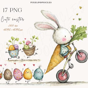 May include: Watercolor illustration featuring a white bunny riding a bicycle made of a carrot, holding carrot greens. Other illustrations include anthropomorphic Easter eggs and eggs in baskets. Text reads "17 PNG Cute Easter".