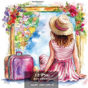 12 Travel girl clipart, Travel woman png, Vacation girl png, Vacation woman png, girl with suitcase png, tourist girl png, girl travel map