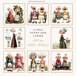 Funny Grandma PNG Clipart Bundle: Quirky Wine Drinking Old Ladies ...
