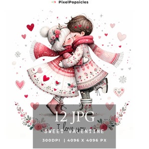 12 akwarelowych obrazów miłosnych, słodkie pary clipart bundle Jpg, romantyczne pary akwarelowe Jpg Bundle, miłość, romantyczny związek