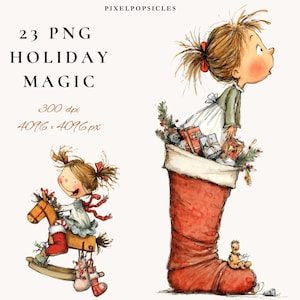 Puede incluir: Ilustración en acuarela con el texto "23 PNG Holiday Magic". La imagen presenta a una niña mirando hacia arriba desde un gran calcetín navideño lleno de regalos. Otra ilustración muestra a una niña montada en un balancín con calcetines navideños.