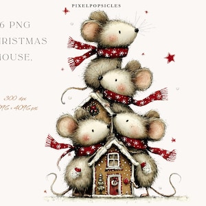 Può includere: Un'illustrazione stravagante presenta tre topi con sciarpe rosse, impilati su una casa di pan di zenzero. L'immagine include il testo "16 PNG Christmas Mouse" e "Pixel Popsicles". Stelle rosse adornano l'immagine.
