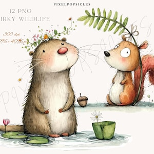 May include: A charming watercolour illustration of an otter with a floral crown and a squirrel with a fern. The image includes the text "12 PNG Quirky Wildlife" and "PixelPopsicles". A pink water lily and a daisy in a green cup are also present.
