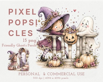 Illustrazioni di Halloween ad acquerello, strega fantasma amichevole per il portico.