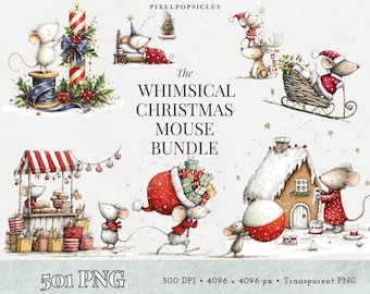 Christmas Mouse Clipart Bundle, 501 Watercolor PNGs, Whimsical Holiday Mice