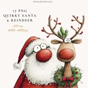 Ensemble original de cliparts de Noël avec le père Noël et le renne – 17 fichiers PNG transparents haute résolution 4096 × 4096 pour sublimation, cartes de vœux pour agendas