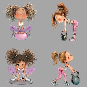 May include: Four cartoon girls are shown exercising. One girl is sitting on a pink exercise ball, another is lifting a black kettlebell, and the other two are lifting black kettlebells while standing on a grey platform.