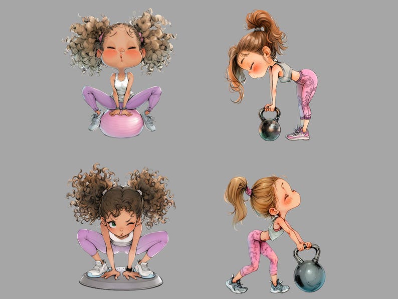 May include: Four cartoon girls are shown exercising. One girl is sitting on a pink exercise ball, another is lifting a black kettlebell, and the other two are lifting black kettlebells while standing on a grey platform.