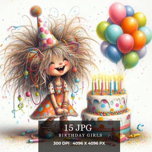 Skurrile Geburtstagstorte Clip Art - 15 hochauflösende JPGs in Aquarellfarben auf weißem Hintergrund | Fantasie wunderliche Designs für Junk Journaling.