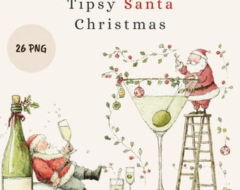 Funny Santa Christmas Clipart, 26 Watercolor Holiday Cocktail PNG, Festive Party Illustrations