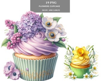 Floral Cupcake Clipart: Spring Dessert PNG (Digital Download)