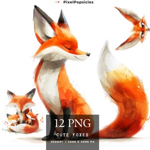 May include: A set of 12 digital illustrations of cute foxes in various poses. The illustrations are in a watercolour style and feature a variety of colours, including orange, white, and brown. The foxes are depicted in a variety of poses, including sitting, standing, and running. The illustrations are perfect for use in a variety of creative projects, such as scrapbooking, card making, and digital design.