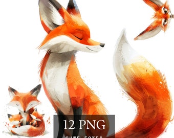 Fox Watercolor Clipart, 12 PNG Foxes, Woodland Animal Graphics, Nursery Art