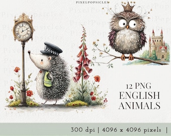 Quirky Woodland English animals Clipart: 12 PNG Images, Card Making, Wall Art