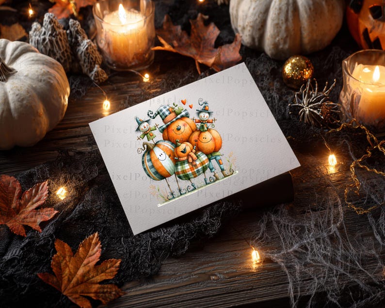 May include: A rectangular greeting card featuring a whimsical illustration of a group of smiling, anthropomorphic pumpkins wearing hats and scarves, with a small orange pumpkin character nestled in the centre, all set against a plain white background.