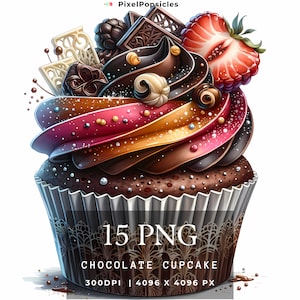 Puede incluir: Un cupcake de chocolate con glaseado de colores, cubierto con chocolate, una fresa y moras. El cupcake está en un forro de papel con un diseño decorativo. 15 PNG Cupcake de chocolate 300DPI | 4096 X 4096 PX