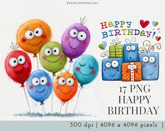 Illustrazione PNG di "Buon compleanno": palloncini e regali fantasiosi.