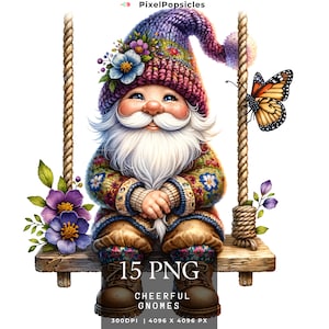 15 Cute Gnomes  | Cheerful Gnomes, Watercolor Clipart, Butterfly Gnomes Clipart PNG, Fantasy Clipart, Funny graphics, Paper craft