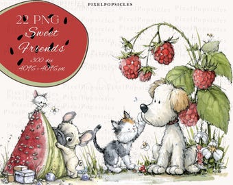 Puede incluir: Ilustración en acuarela con un perro, un gato, un ratón y un pug interactuando con una sandía y frambuesas. La imagen incluye el texto "Sweet Friends" en una rodaja de sandía. La obra de arte tiene un estilo de cuento.