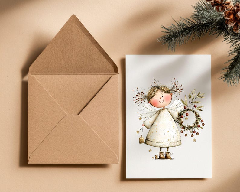 May include: A greeting card featuring a whimsical angel illustration, holding a wreath and a lantern. The angel is dressed in a cream-colored dress with gold stars. A brown envelope is next to the card. A sprig of evergreen is in the background.