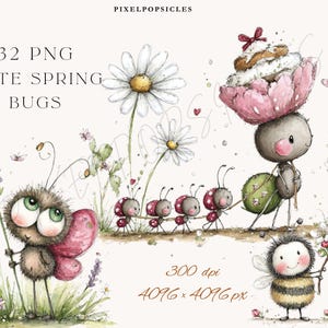 Spring Bugs Clipart Bundle | 32 PNG Transparent | Watercolor Insects & Flowers | Kawaii Bug Clipart