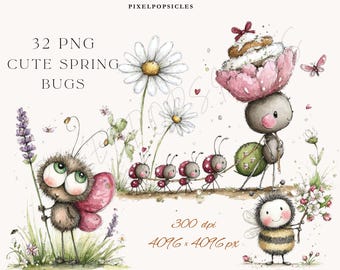 Puede incluir: Ilustración en acuarela de lindos insectos de primavera. Una escena caprichosa presenta una mariposa, mariquitas, una abeja y una hormiga que lleva una magdalena. También hay margaritas y lavanda. La imagen incluye el texto "32 PNG Cute Spring Bugs".